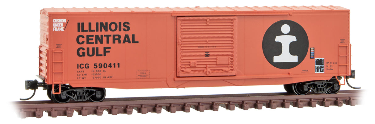Micro-Trains 50' Boxcar with 10' Door, No Roofwalk, Short Ladders - Ready to Run -- Illinois Central Gulf 90411 (orange, black, white, Large Logo) - 489-18000280