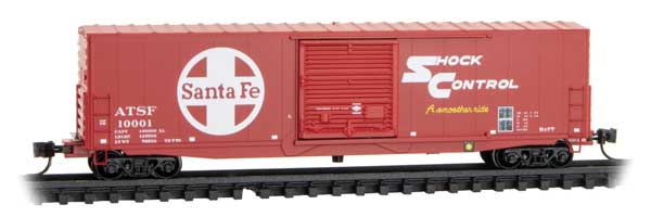 Micro-Trains 50' Boxcar with 10' Door, No Roofwalk, Short Ladders - Ready to Run -- Santa Fe #10001 (red, white, Large Logo, Shock Control Markings) - 489-18000380