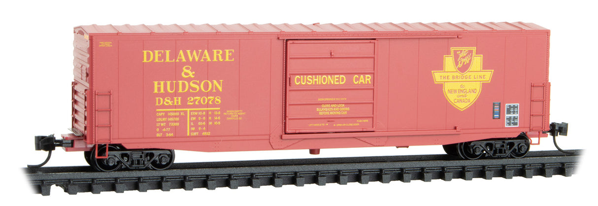 50' Boxcar with 10' Door, No Roofwalk, Short Ladders - Ready to Run -- Delaware & Hudson #27078 (red, yellow, Bridge Line Shield)
