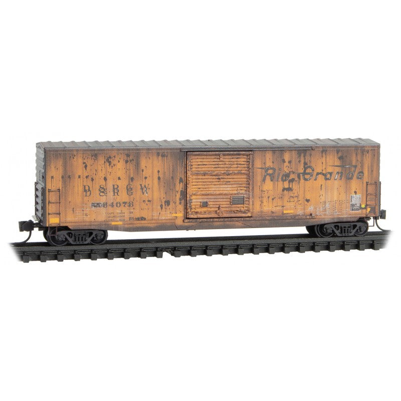 Micro-Trains 50' Boxcar with 10' Door, No Roofwalk, Short Ladders - Ready to Run -- Denver & Rio Grande Western #64073 (Weathered, Aspen Gold, Flying Grande Log - 489-18045370