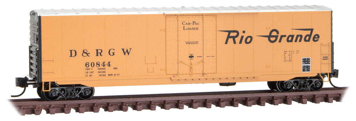 Micro-Trains 50' Boxcar with 8' Plug Door, No Roofwalk, Short Ladders - Ready to Run -- Denver & Rio Grande Western 60844 (Aspen Gold, black, silver, Flying Grande) - 489-18100150