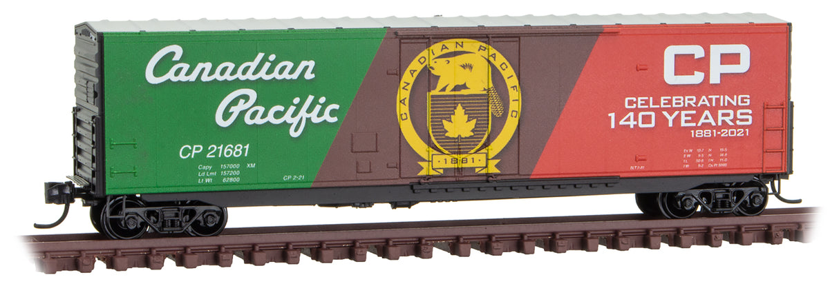 Micro-Trains 50' Boxcar with 8' Plug Door, No Roofwalk, Short Ladders - Ready-to-Run -- Canadian Pacific (140th Anniversary Car; green, Boxcar Red, red) - 489-18100160