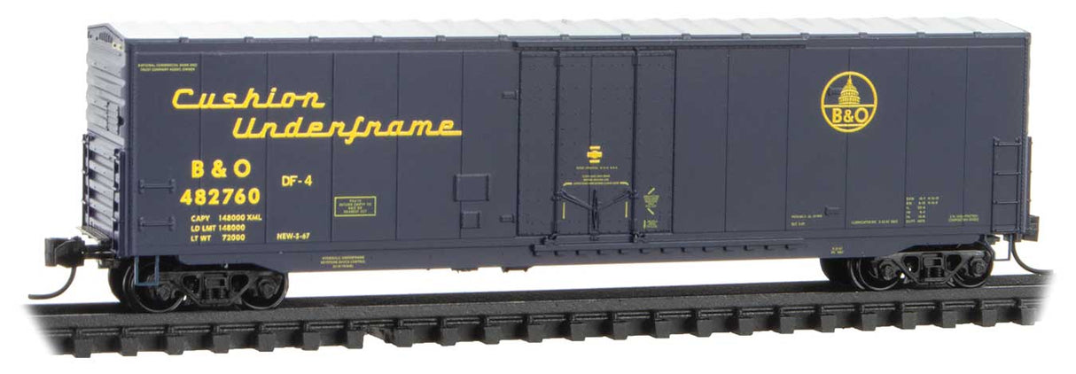 Micro-Trains 50' Boxcar with 8' Plug Door, No Roofwalk, Short Ladders - Ready to Run -- Baltimore & Ohio #482760 (Class B-74A, blue, yellow, Script Lettering) - 489-18100220