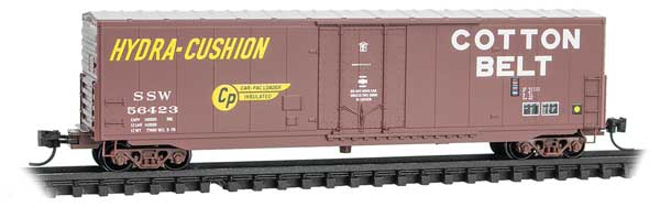 Micro-Trains 50' Boxcar with 8' Plug Door, No Roofwalk, Short Ladders - Ready to Run -- Cotton Belt SSW #56423 (1979, Boxcar Red, white, yellow, Hydra Cushion Lette - 489-18100291
