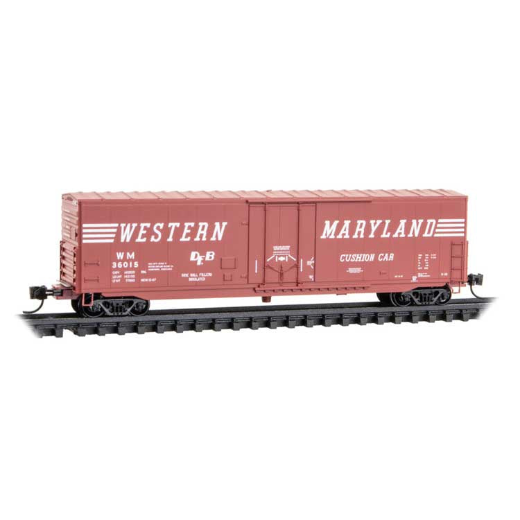 50' Boxcar with 8' Plug Door, No Roofwalk, Short Ladders - Ready to Run -- Western Maryland #36015 (Boxcar Red, white, Speed Lettering)