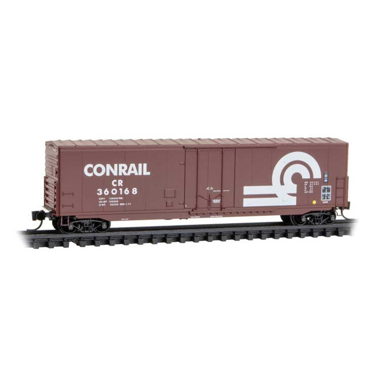 50' Boxcar with 8' Plug Door, No Roofwalk, Short Ladders - Ready to Run -- Conrail #360168 (Boxcar Red, white, Large Logo)