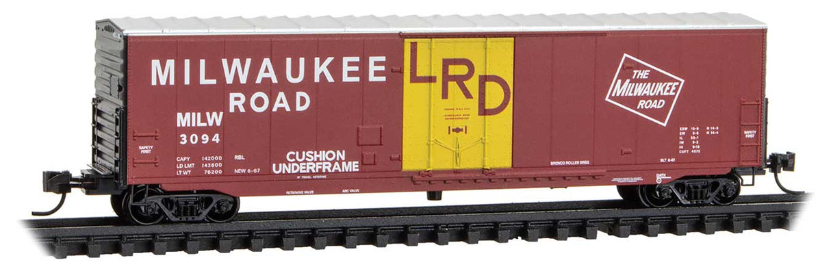 Micro-Trains 181 00 370 N 50' Boxcar with 8' Plug Door, No Roofwalk, Short Ladders - Ready to Run -- Milwaukee Road #3094 (Boxcar Red, yellow, Large LRD & Lettering)