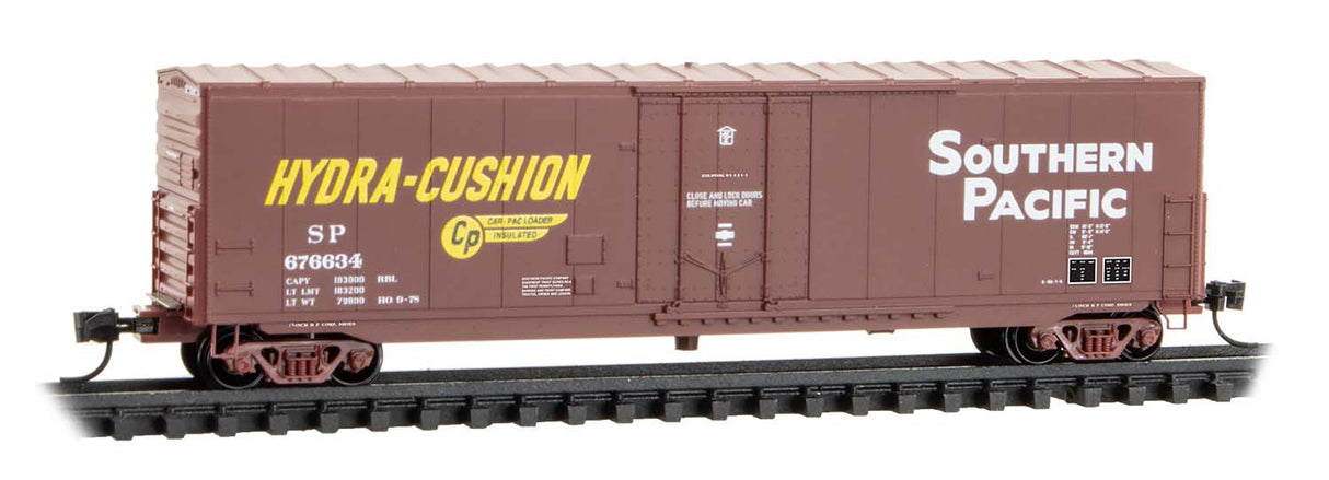 Micro-Trains N 50' Boxcar with 8' Plug Door, No Roofwalk, Short Ladders - Ready to Run -- Southern Pacific #676634 (Boxcar Red, yellow, white, Hydra Cushion)
