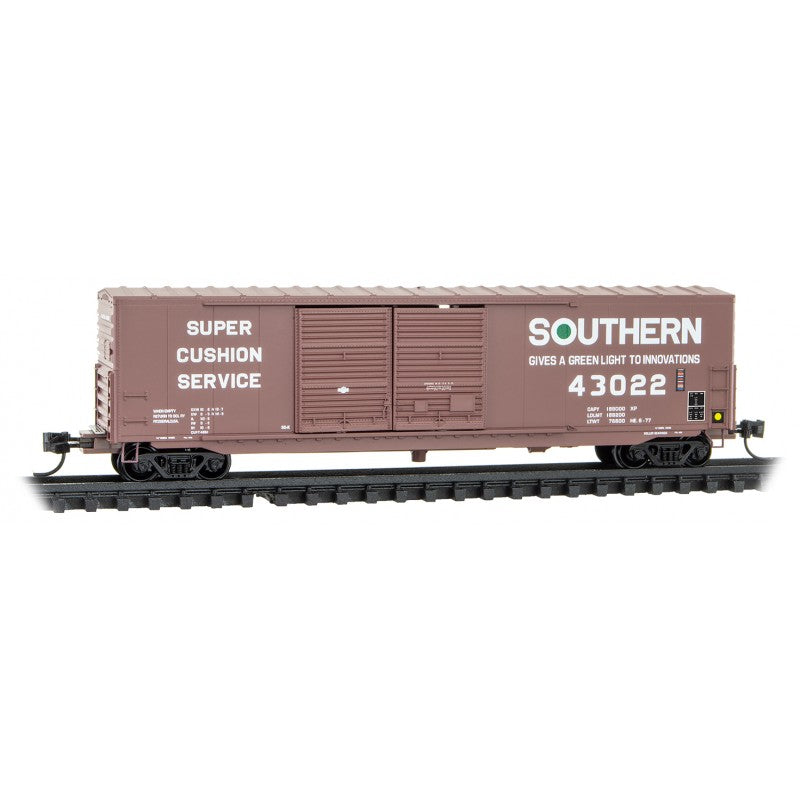 Micro-Trains 50' Double-Door Boxcar w/8' Doors, No Roofwalk, Short Ladders - Ready to Run -- Southern Railway #43022 (Boxcar Red, white, green, Green Light Slogan) - 489-18200190