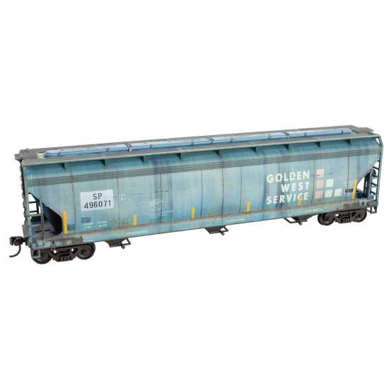 Micro-Trains HO ACF 47' 3-Bay Center-Flow Covered Hopper - Ready to Run - Grit N Grime -- Golden West Service SP #496071 (Weathered, blue, yellow, red)