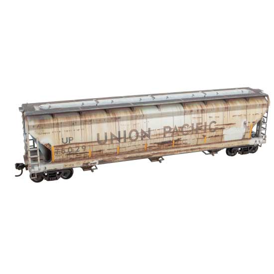 Micro-Trains HO ACF 47' 3-Bay Center-Flow Covered Hopper - Ready to Run - Grit N Grime -- Union Pacific #76029 (Weathered, gray, black, yellow conspicuity marks)