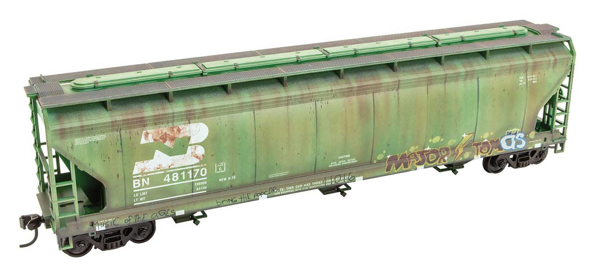 Micro-Trains HO ACF 47' 3-Bay Center-Flow Covered Hopper - Kit - Grit N Grime -- Burlington Northern #481170 (Weathered, Cascade Green, graffiti)