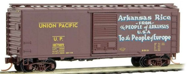 Micro-Trains 40' Single-Door Boxcar - Ready to Run -- Union Pacific #187889 (Boxcar Red, yellow, Arkansas Rice, Friendship Train # - 489-2000017