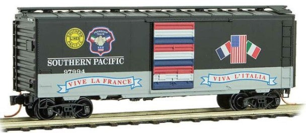 Micro-Trains 40' Single-Door Boxcar - Ready to Run -- Southern Pacific 97994 (black, gray, Friendship Train Series No. 8) - 489-2000027