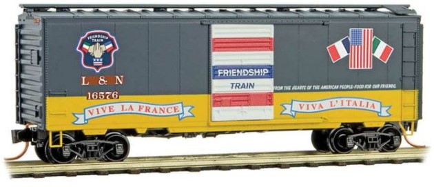 Micro-Trains 40' Single-Door Boxcar - Ready to Run -- Louisville & Nashville 16576 (blue, yellow, red, white, Friendship Train Ca - 489-2000057
