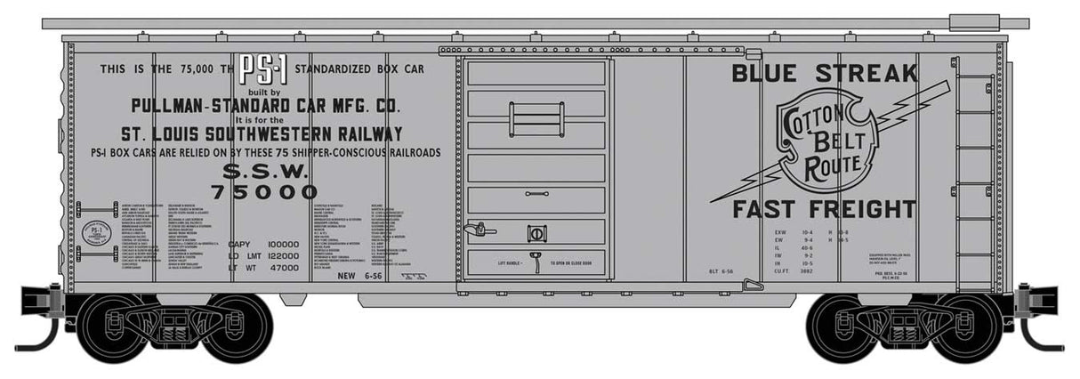 Micro-Trains 40' Single-Door Boxcar - Ready to Run -- Cotton Belt SSW #75000 (75,000th PS-1 Boxcar Scheme, silver, black) - 489-2000327