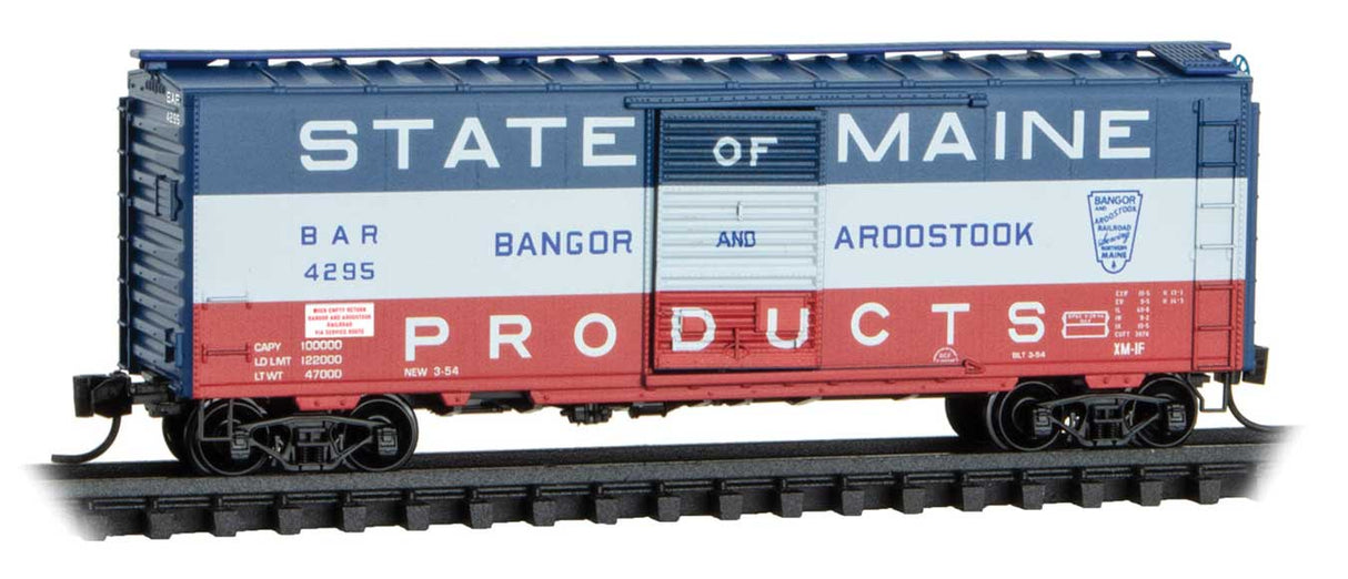 Micro-Trains N 40' Single-Door Boxcar - Ready to Run -- Bangor & Aroostook #4295 (State of Maine, blue, white, red)