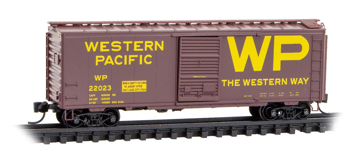 Micro-Tains 020 00 517 N 40' Single-Door Boxcar - Ready to Run -- Western Pacific #22023 (Boxcar Red, yellow, Block Western Way Slogan)