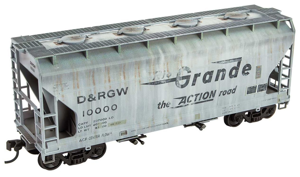 Micro-Trains HO ACF 2-Bay Covered Hopper - Ready to Run -- Denver & Rio Grande Western #10000 (Weathered, gray, black, Large Flying Grande)