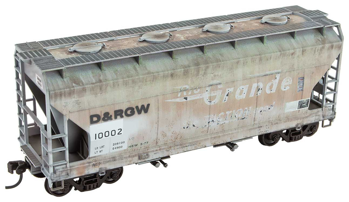 Micro-Trains HO ACF 2-Bay Covered Hopper - Ready to Run -- Denver & Rio Grande Western #10002 (Weathered, gray, black, Large Flying Grande)