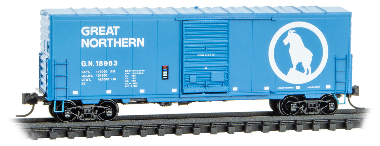 40' Single-Door Boxcar No Roofwalk - Ready to Run -- Great Northern #18963 (Big Sky Blue, white)