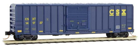Micro-Trains 50' Rib-Side Single-Door Boxcar No Roofwalk - Ready to Run -- CSX 141737 (blue, yellow, yellow conspicuity marks) - 489-2500118