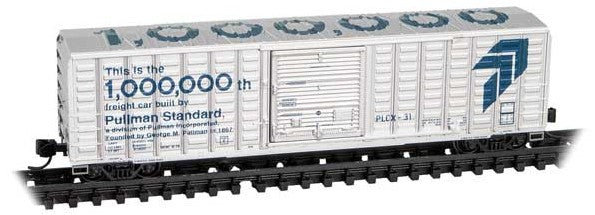 Micro-Trains 50' Rib-Side Single-Door Boxcar w/Waffle Sides - Ready to Run -- Pullman-Standard PLCX #31 (1,000,000th Freight Car Scheme, gray, blue) - 489-2500246