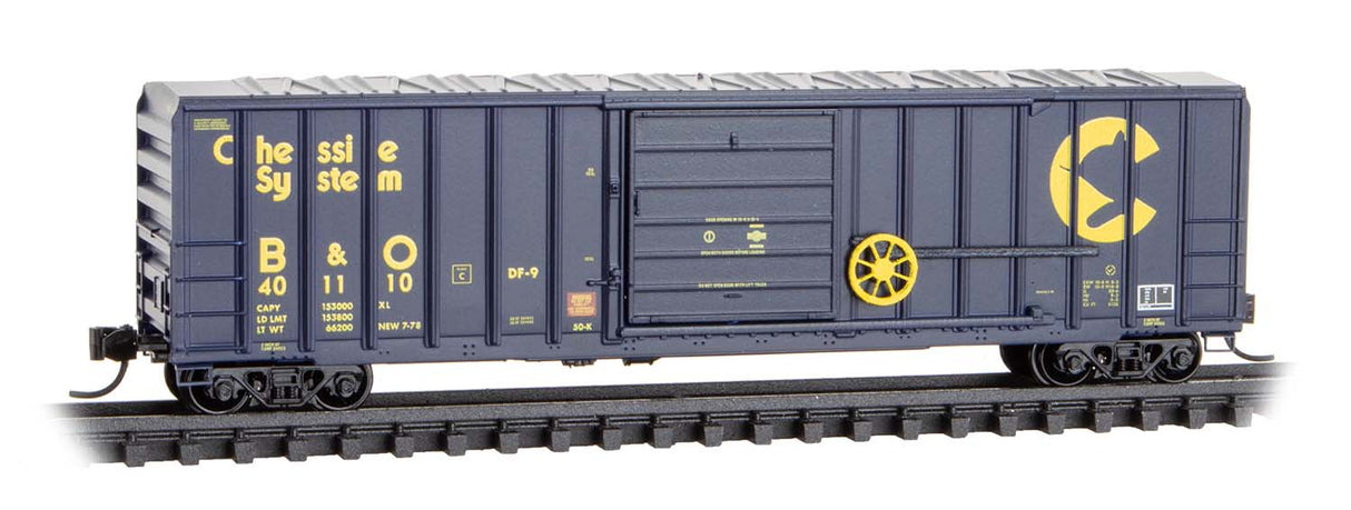 Micro-Trains N 50' Rib-Side Single-Door Boxcar No Roofwalk - Ready to Run -- Chessie System B&O #401110 (blue, yellow)