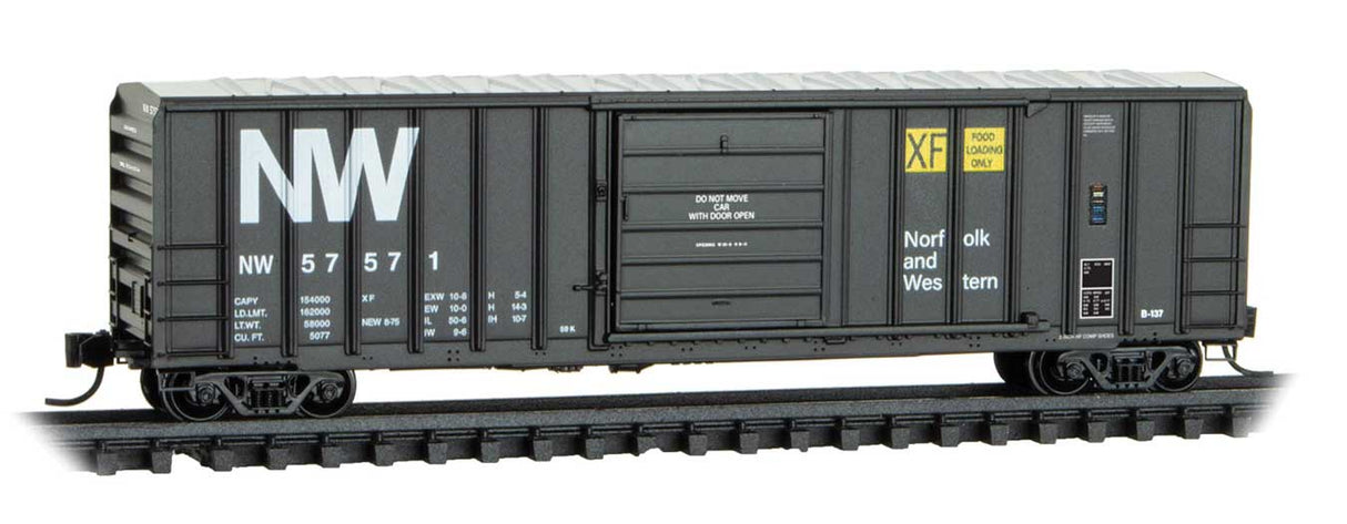 Micro-Trains N 50' Rib-Side Single-Door Boxcar No Roofwalk - Ready to Run -- Norfolk & Western #57571 (black, white, NW Logo)