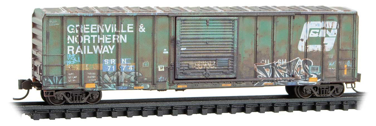 50' Rib-Side Single-Door Boxcar No Roofwalk - Ready to Run -- Sabine River & Northern SRN #7174 (Ex-G&N, Weathered, green, Per Diem 3)