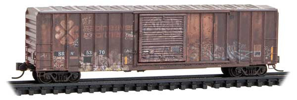 50' Rib-Side Single-Door Boxcar No Roofwalk - Ready to Run -- Sabine River & Northern #5370 (Weathered, red, graffiti)