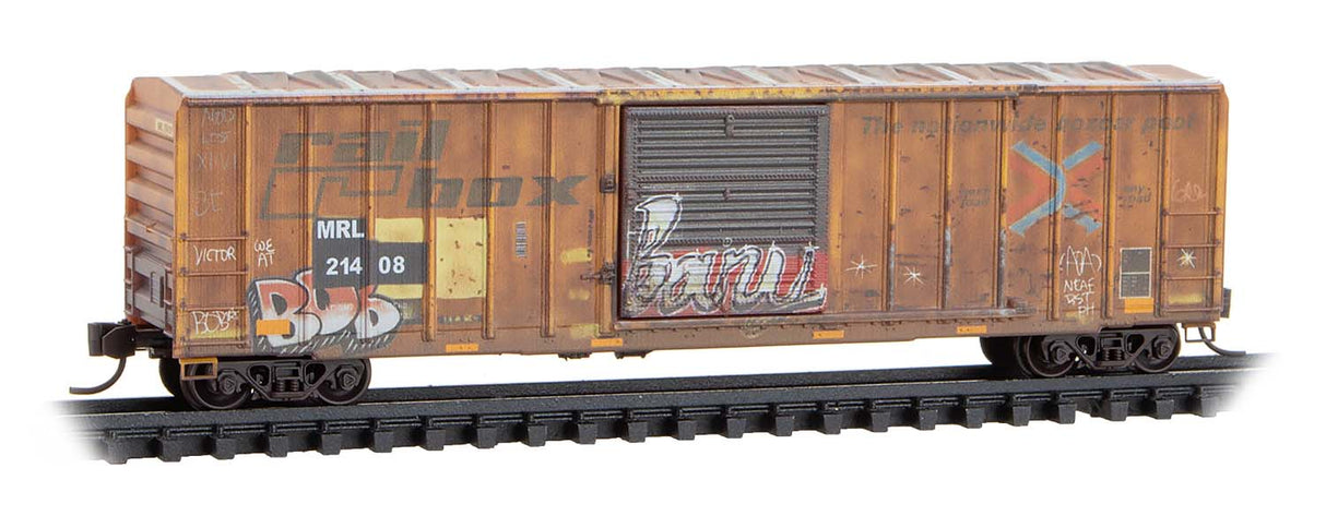 Micro-Trains N 50' Rib-Side Single-Door Boxcar No Roofwalk - Ready to Run -- Montana Rail Link #21408 (Ex-Railbox, yellow, black, graffiti, Series #3)
