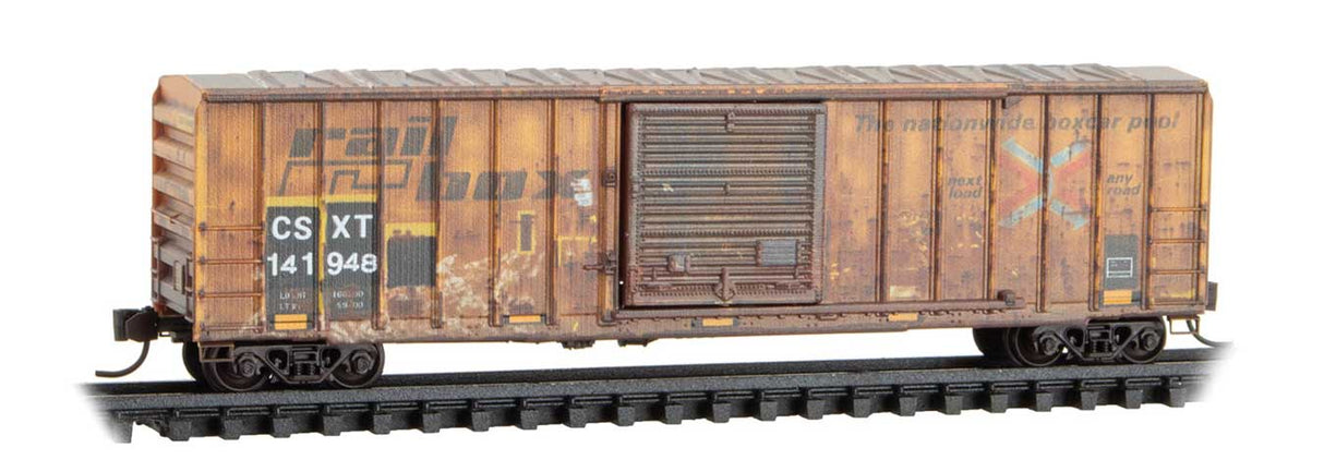 Micro-Trains N 50' Rib-Side Single-Door Boxcar No Roofwalk - Ready to Run -- CSX #141948 (Ex-Railbox, weathered, yellow, graffiti, #4 in series)