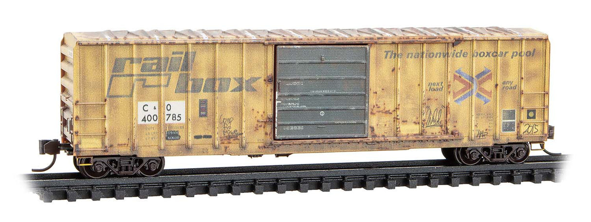 Micro-Trains 025 44 443 N 50' Rib-Side Single-Door Boxcar No Roofwalk - Ready to Run -- Chesapeake & Ohio #400785 (Weathered, Patched Ex-Railbox, yellow Series #7)