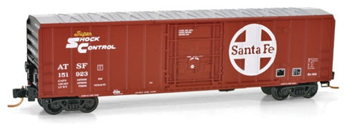 Micro-Trains FMC 50' Rib Side Plug Door Boxcar - Ready to Run -- Atchison, Topeka & Santa Fe #151923 (red, Aluminum Roof, black Ends) - 489-2700010