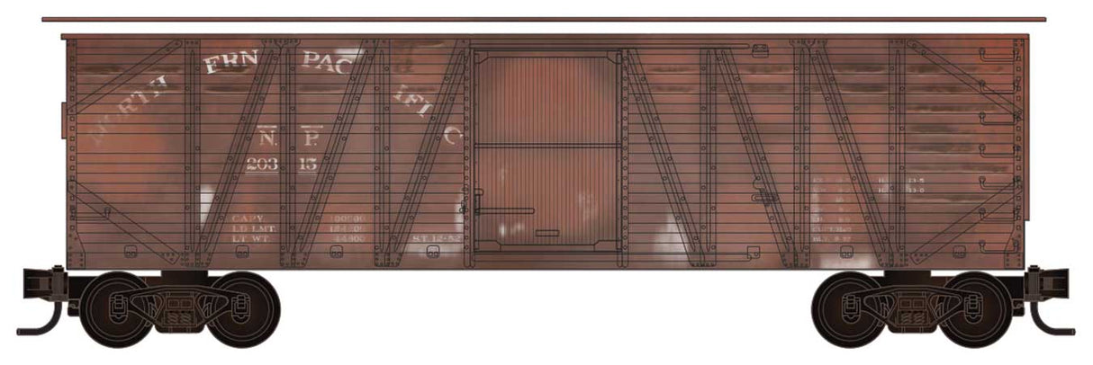 Micro-Trains N 40' Outside-Braced Single-Door Boxcar w/Material & Conveyor Kit - Ready to Run -- Northern Pacific #20315 (Weathered, Boxcar Red)