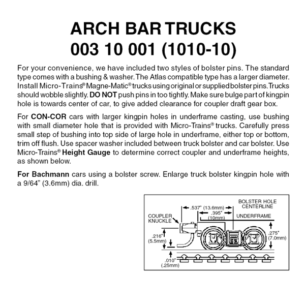 Micro-Trains N Scale Arch Bar Trucks -- With Short Extended #1010 Couplers (Black) 10 Pairs