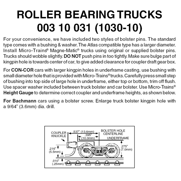 Micro-TrainsRoller-Bearing Trucks -- 1030-10 With Short Extended Couplers (Black) 10 Pairs - 489-310031