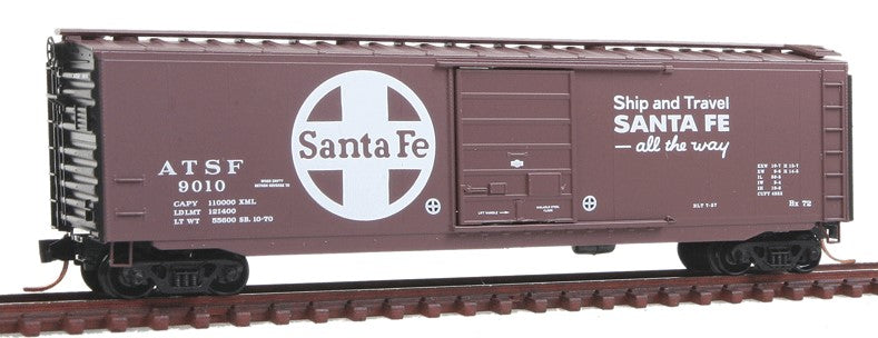Micro-Trains 50' Single-Door Boxcar - Ready to Run -- Santa Fe #9010 (Boxcar Red, black, white, Large Logo, All the Way Slogan) - 489-3100420
