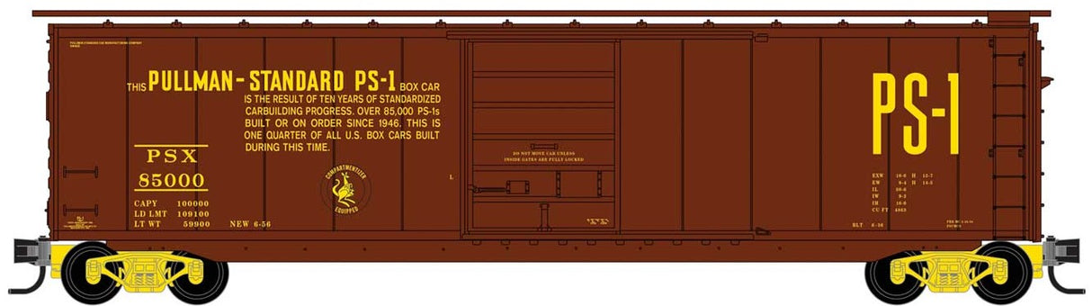 Micro-Trains 50' Single-Door Boxcar - Ready to Run -- Pullman-Standard #85000 (85,000th PS-1 Boxcar Scheme, Boxcar Red, yellow) - 489-3100580