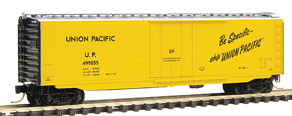 Micro-Trains 50' Standard Box Plug Door -- Union Pacific #499055 (Armour Yellow w/Aluminum roof, black ends) - 489-3200390