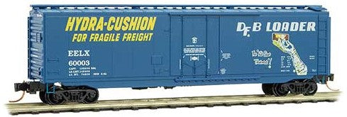 Micro-Trains 50' Plug-Door Boxcar - Ready to Run -- Evans EELX 60003 (blue, yellow, white, DFB, Hydra Cushion & Kid Gloves) - 489-3200500