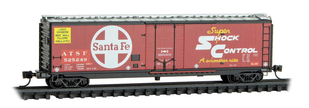 Micro-Trains N 50' Plug-Door Boxcar - Ready to Run -- Santa Fe #525249 (red, silver, white, black ends, large logo)