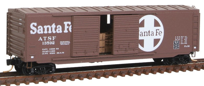 Micro-Trains 50' Double-Door Boxcar No Roofwalk w/Freight Load - Ready to Run -- Santa Fe #13592 (1970s Boxcar Red, white, Large Logo, Cooper Lettering) - 489-3700120