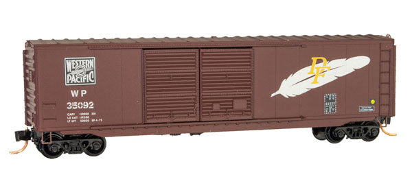 Micro-Trains 50' Double-Door Boxcar No Roofwalk w/Paper Roll Load - Ready to Run -- Western Pacific #35092 (Boxcar Red, silver, Large Feather) - 489-3700150