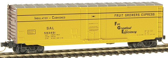 Micro-Trains 50' Plug-Door Boxcar No Roofwalk - Ready to Run -- Seaboard Air Line #593491 - Fruit Growers Express (yellow, black) - 489-3800380