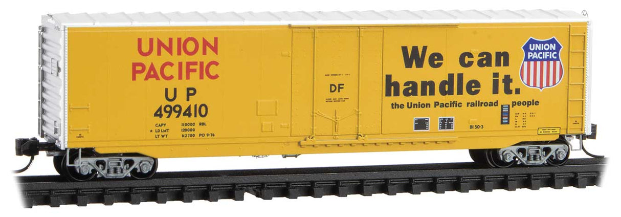 Micro-Trains 50' Plug-Door Boxcar No Roofwalk - Ready to Run -- Union Pacific #499410 (yellow, silver, black, red, We can handle it. Slogan) - 489-3800570
