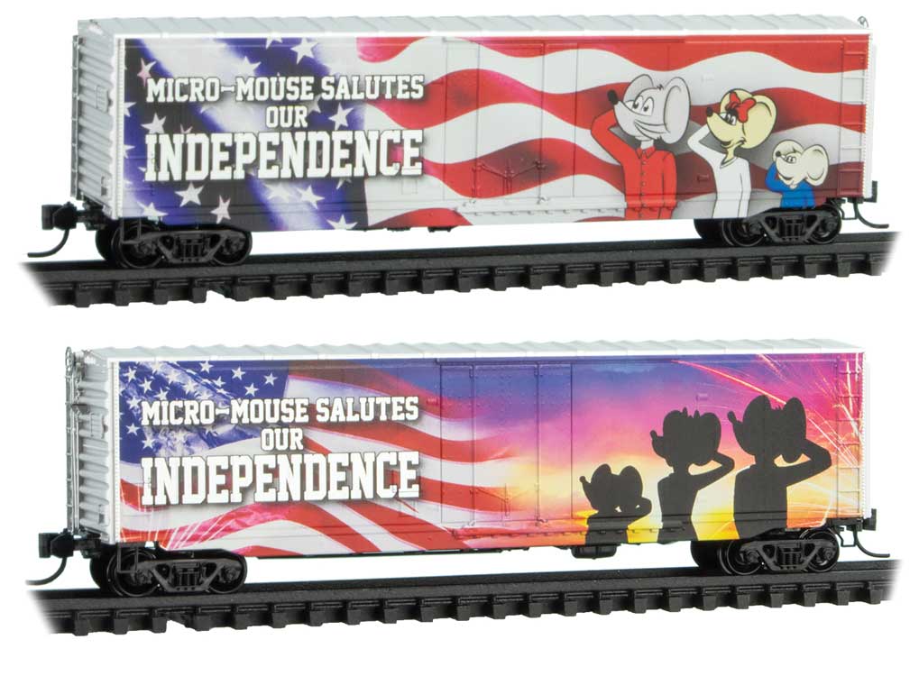 Micro-Trains 50' Plug-Door Boxcar No Roofwalk - Ready to Run -- Micro Mouse Independence Day (white, red, blue) - 489-3800580