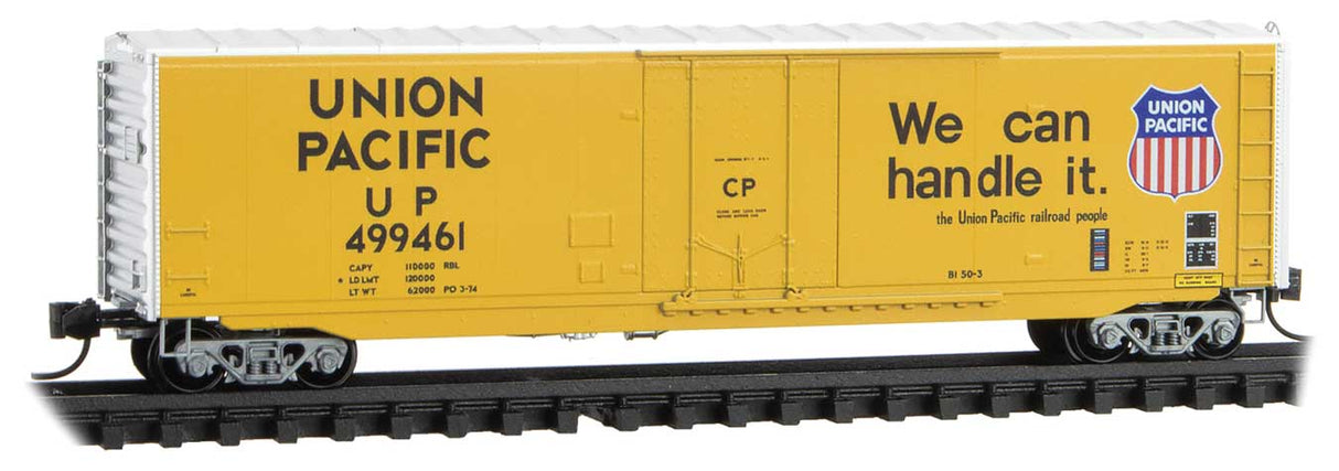 Micro-Trains 50' Plug-Door Boxcar No Roofwalk - Ready to Run -- Union Pacific #499461 (yellow, silver, black, We can handle it. Slogan) - 489-3800590