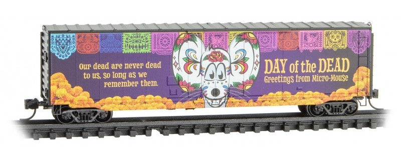 Micro-Trains 50' Plug-Door Boxcar No Roofwalk - Ready to Run -- Micro-Mouse Dia de los Muertos/Day of the Dead (purple, white, yellow) - 489-3800600